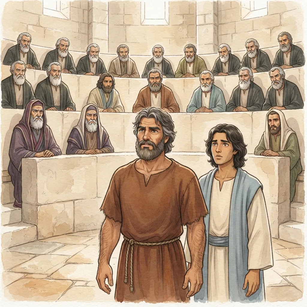 Boldness Before the Council: a painted scene illustrating Acts 4.