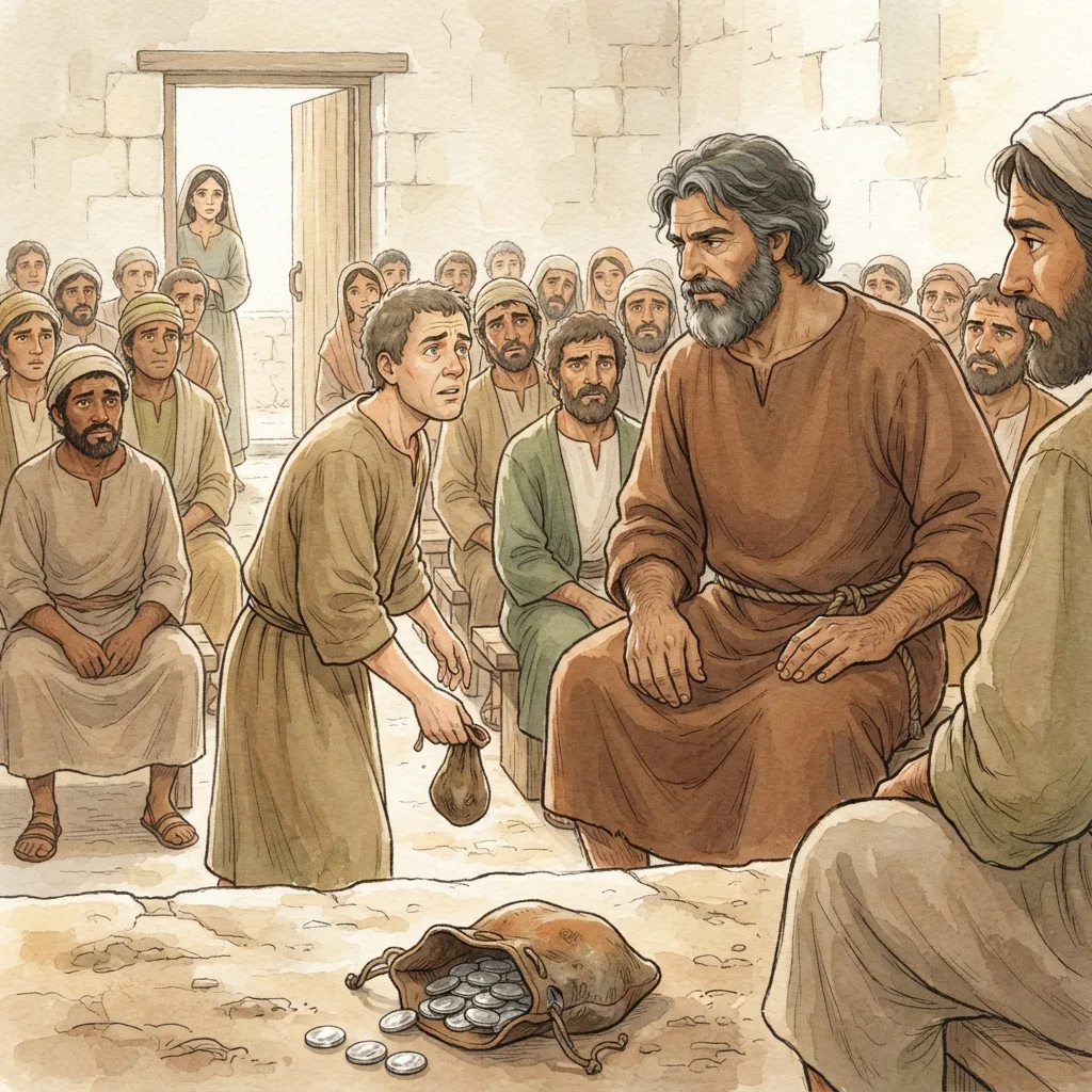Ananias and Sapphira: a painted scene illustrating Acts 5.