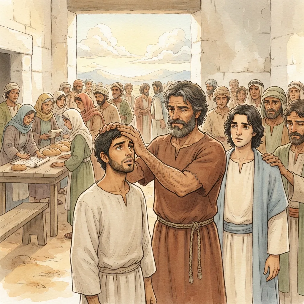 The Seven Servants Chosen: a painted scene illustrating Acts 6.
