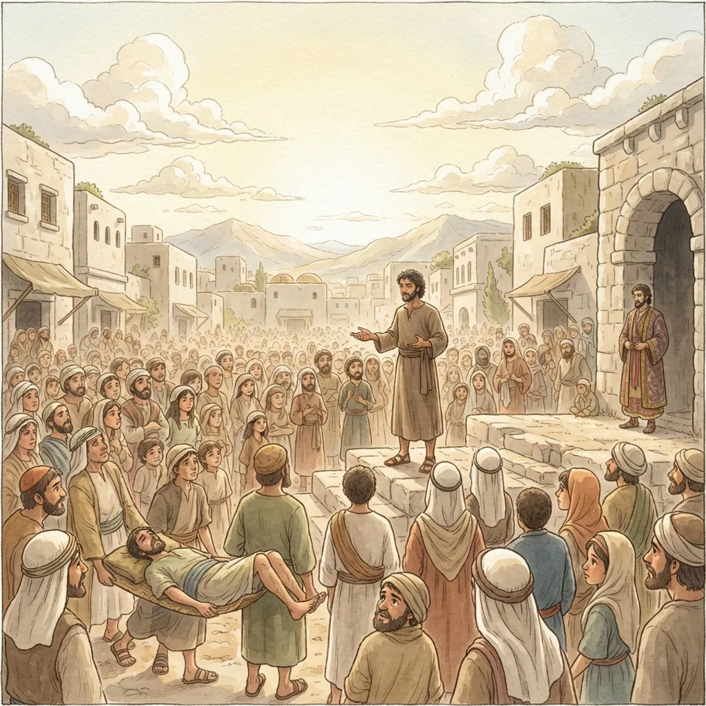 The Gospel Spreads to Samaria: a painted scene illustrating Acts 8.