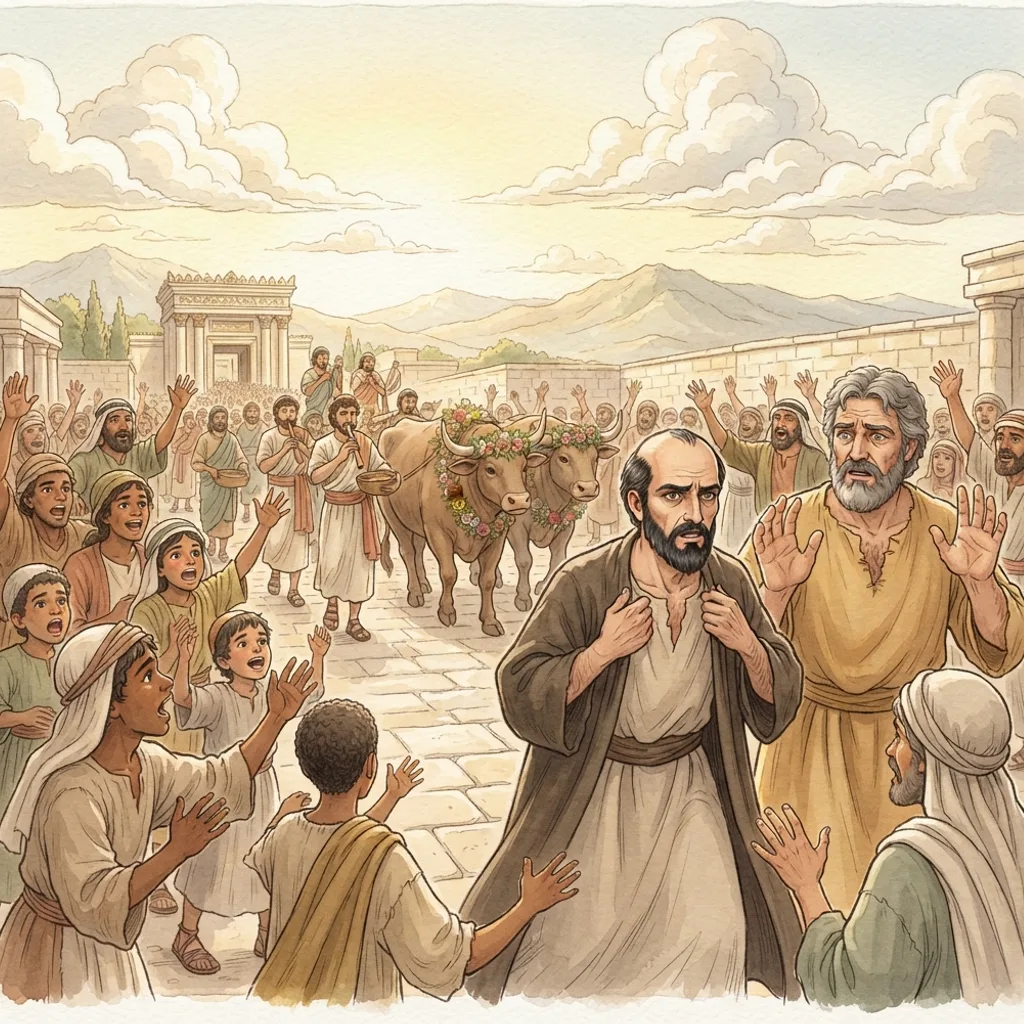 The Gospel in Iconium and Lystra: a painted scene illustrating Acts 14.