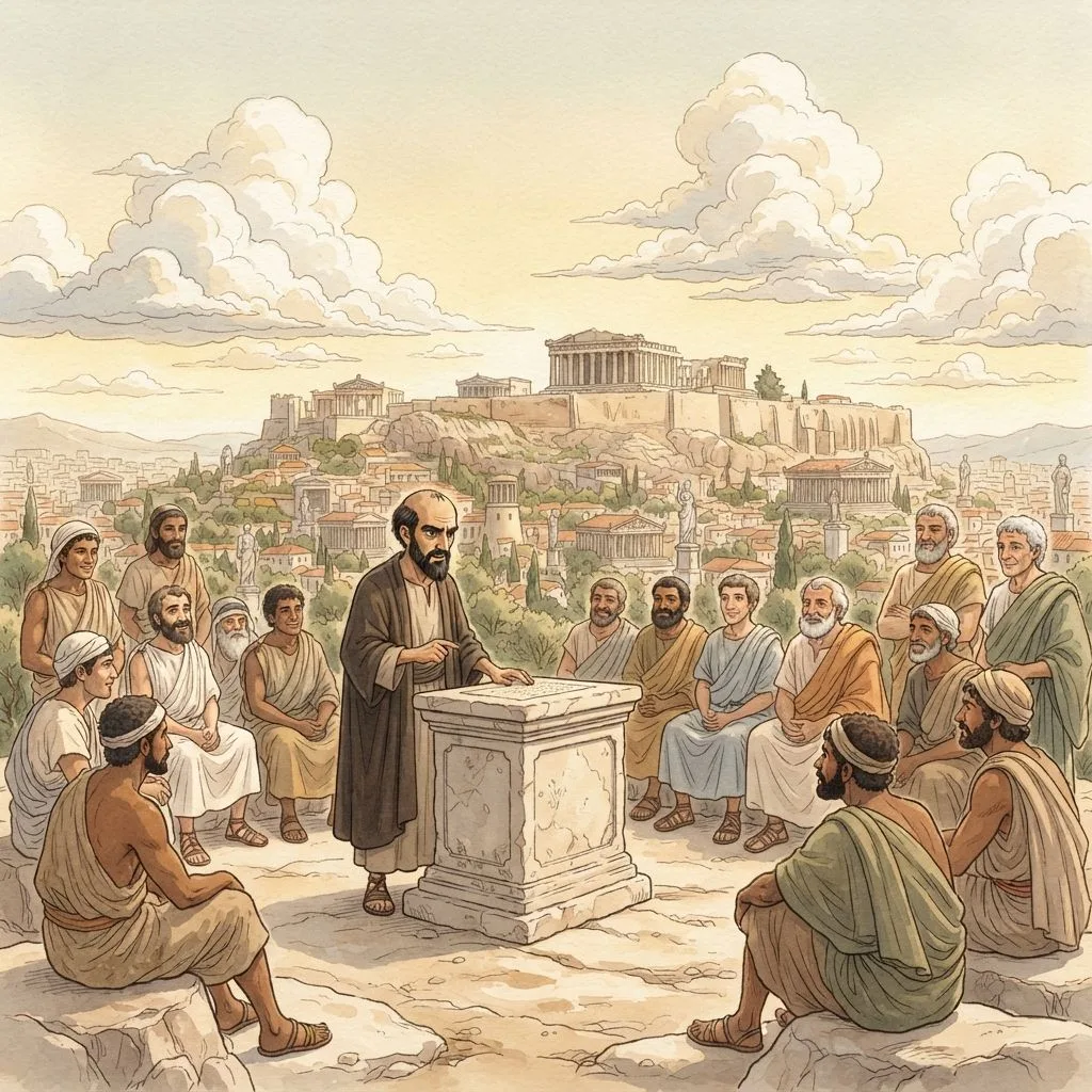 Paul in Athens: a painted scene illustrating Acts 17.
