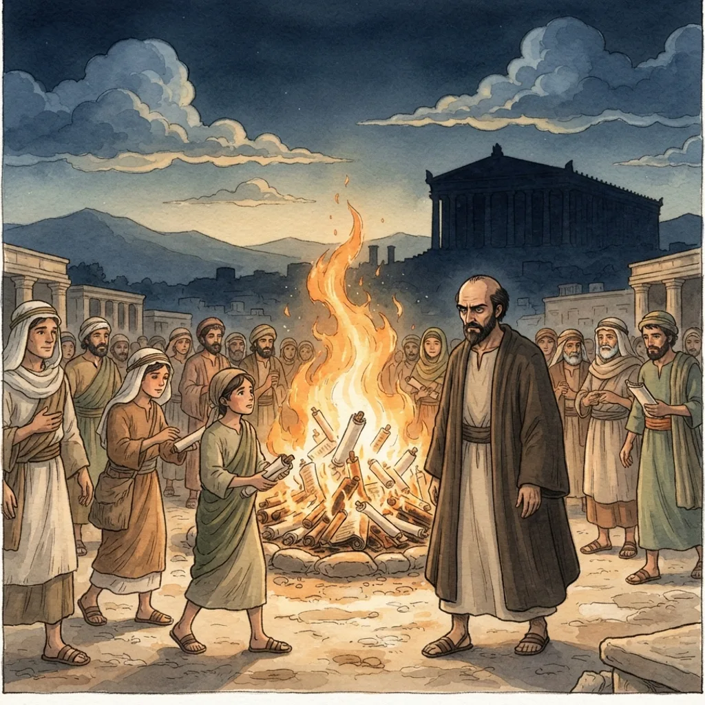 The Gospel in Ephesus: a painted scene illustrating Acts 19.