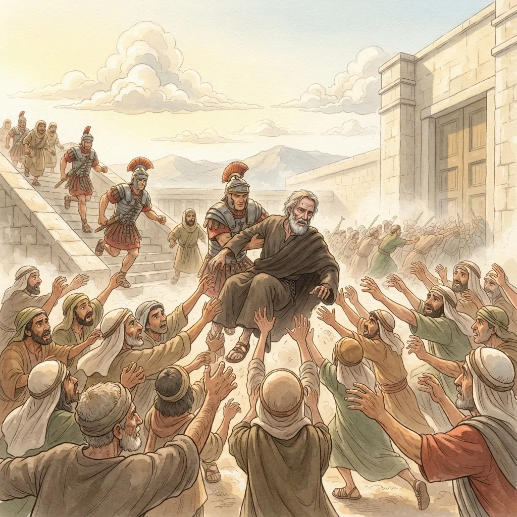 Paul Returns to Jerusalem: a painted scene illustrating Acts 21.