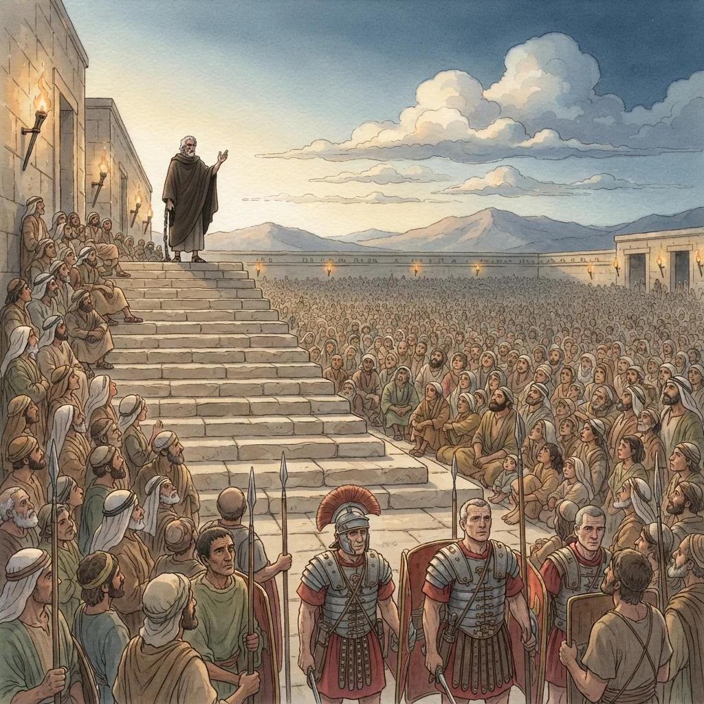 Paul's Testimony: a painted scene illustrating Acts 22.