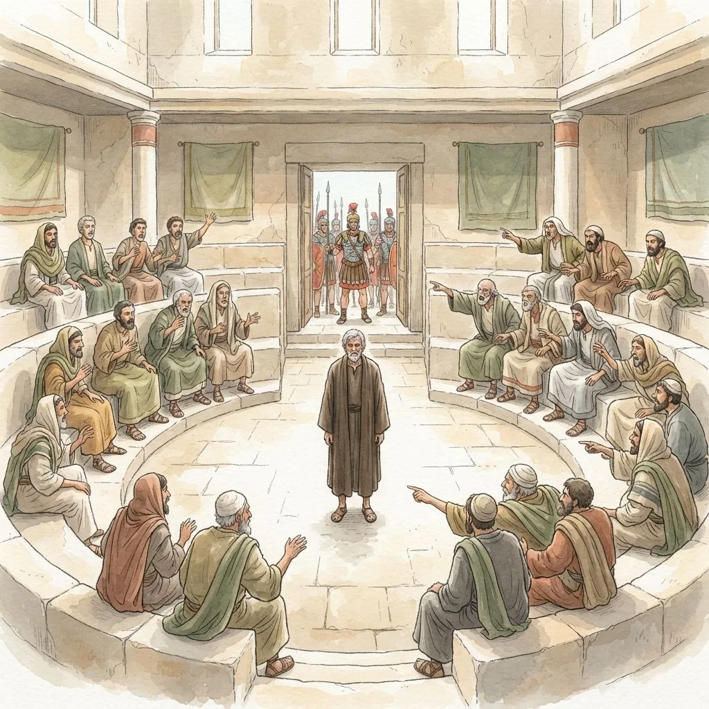 Paul Before the Council: a painted scene illustrating Acts 23.