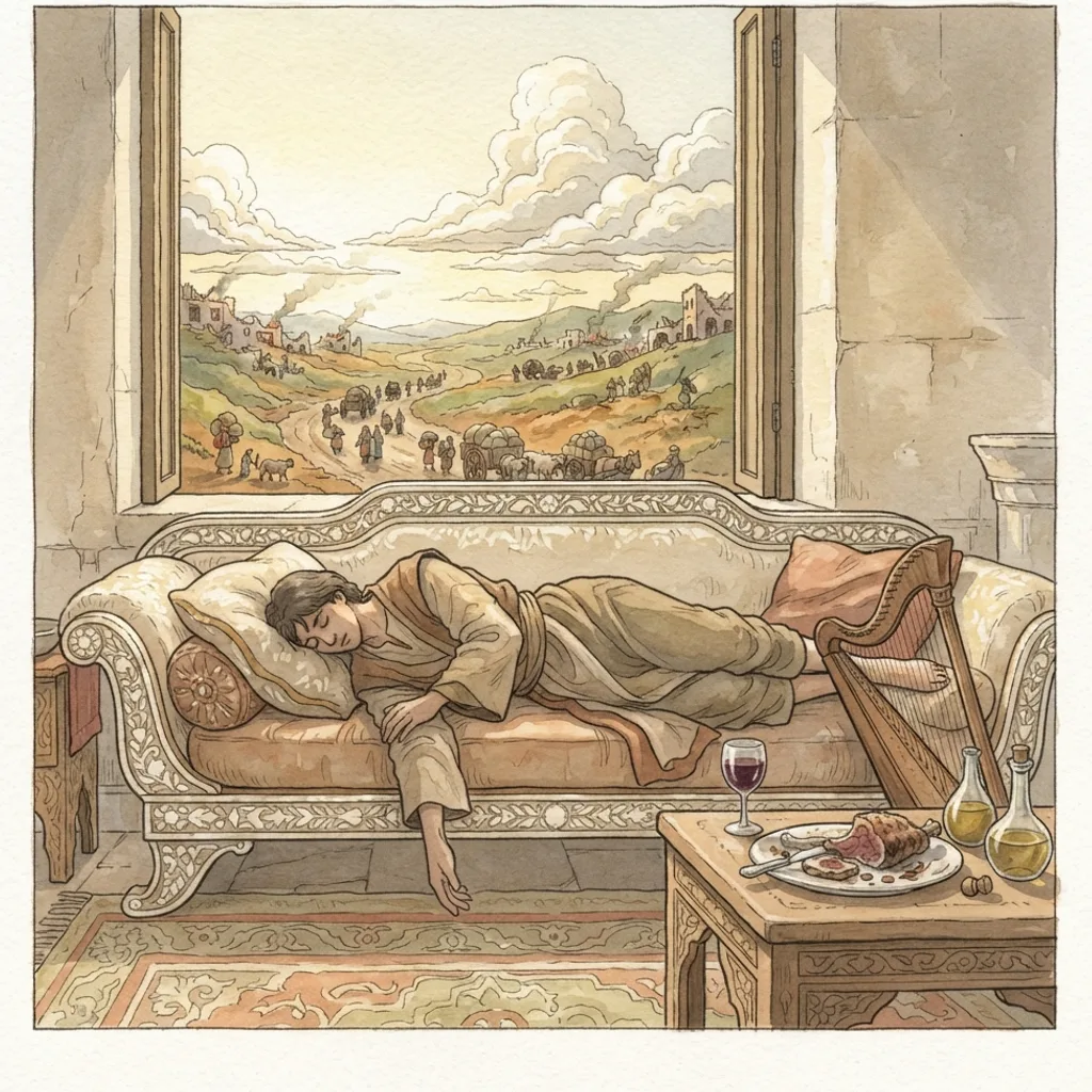 Woe to the Complacent: a painted scene illustrating Amos 6.