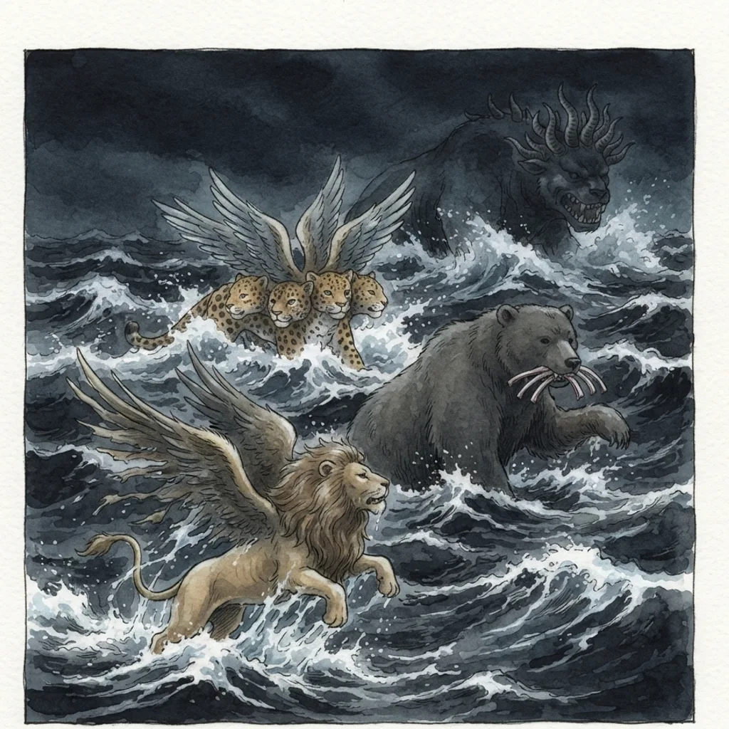The Four Beasts and the Son of Man: a painted scene illustrating Daniel 7.