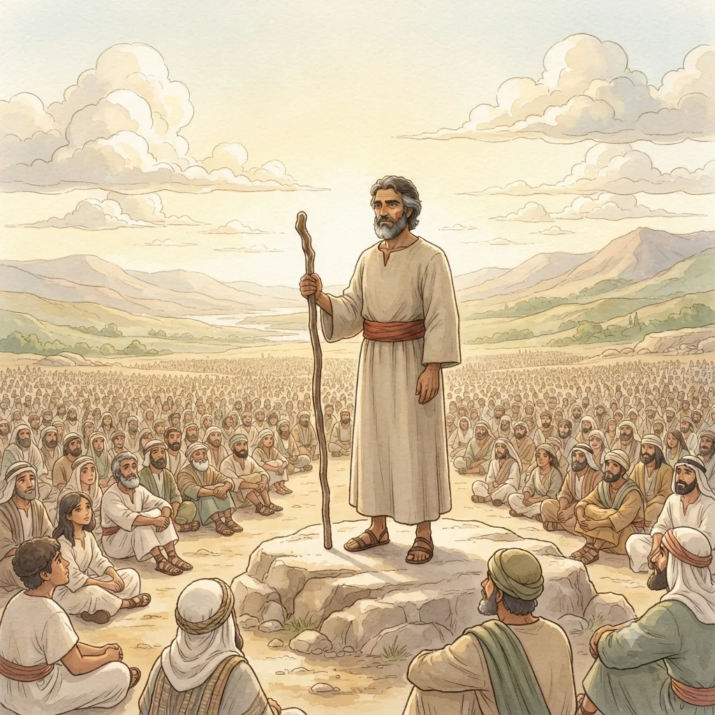 Moses Remembers the Wilderness: a painted scene illustrating Deuteronomy 1.