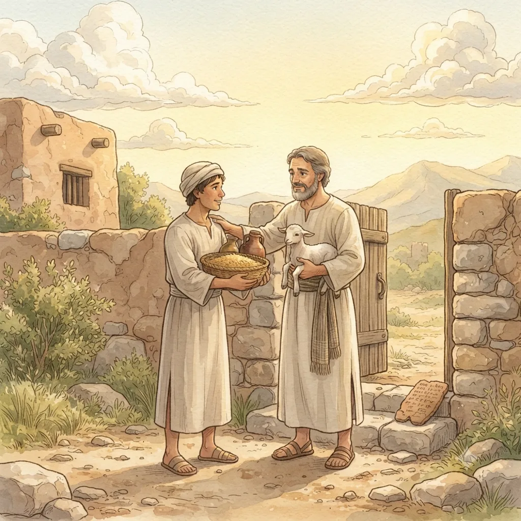 Release and Generosity: a painted scene illustrating Deuteronomy 15.