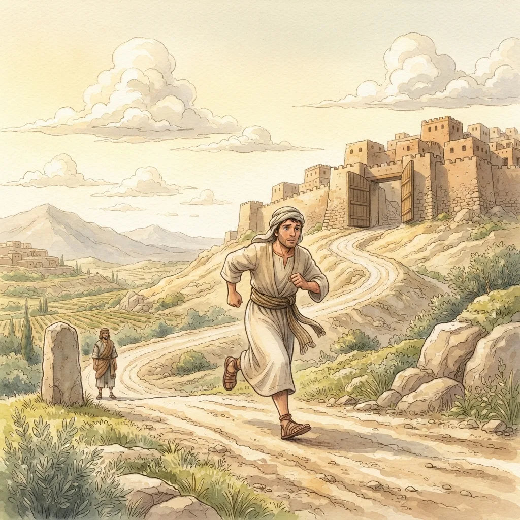 Cities of Refuge: a painted scene illustrating Deuteronomy 19.