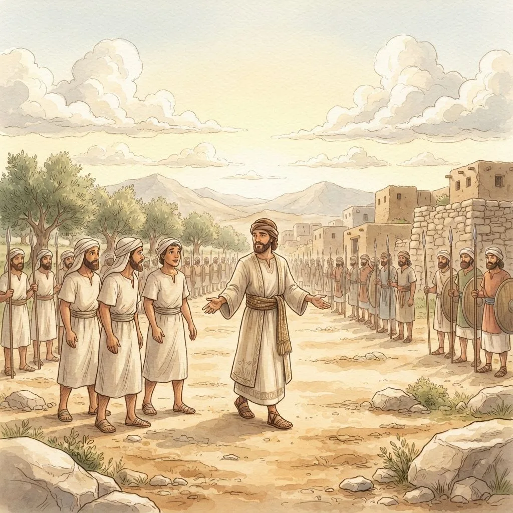 Laws of Warfare: a painted scene illustrating Deuteronomy 20.
