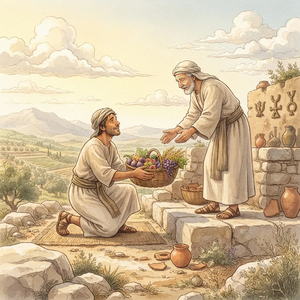 Firstfruits and Covenant: a painted scene illustrating Deuteronomy 26.