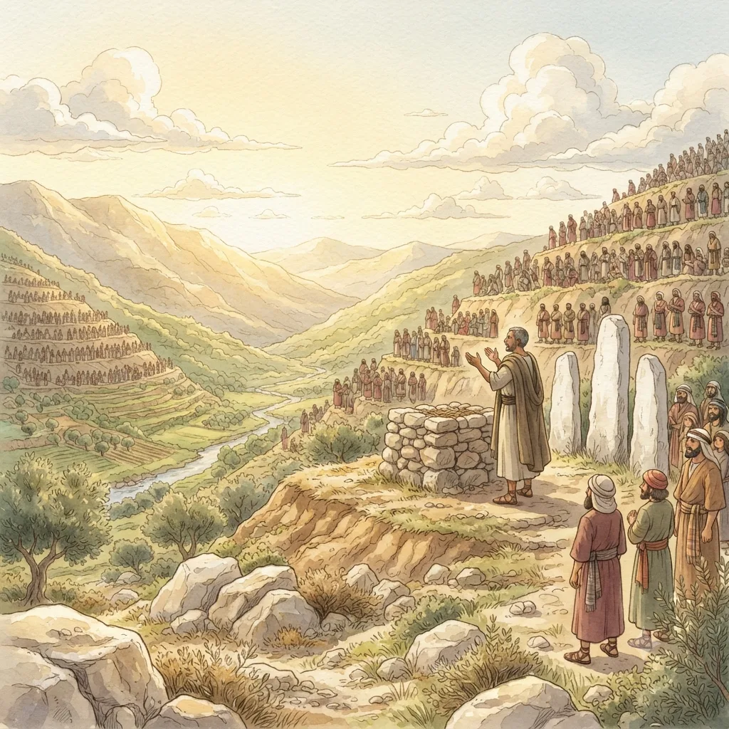 The Covenant at Mount Ebal: a painted scene illustrating Deuteronomy 27.