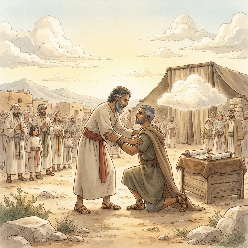 Joshua Succeeds Moses: a painted scene illustrating Deuteronomy 31.