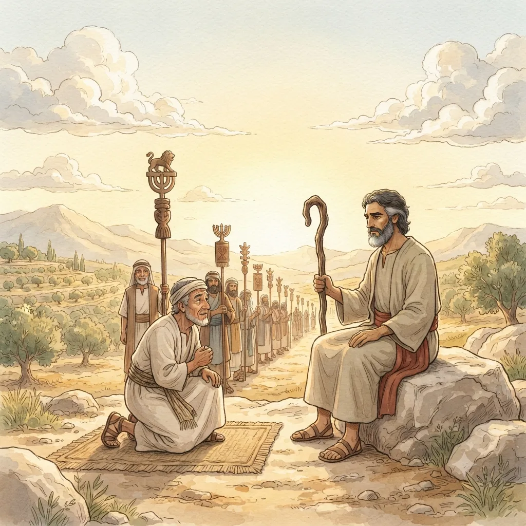 Moses Blesses Israel: a painted scene illustrating Deuteronomy 33.