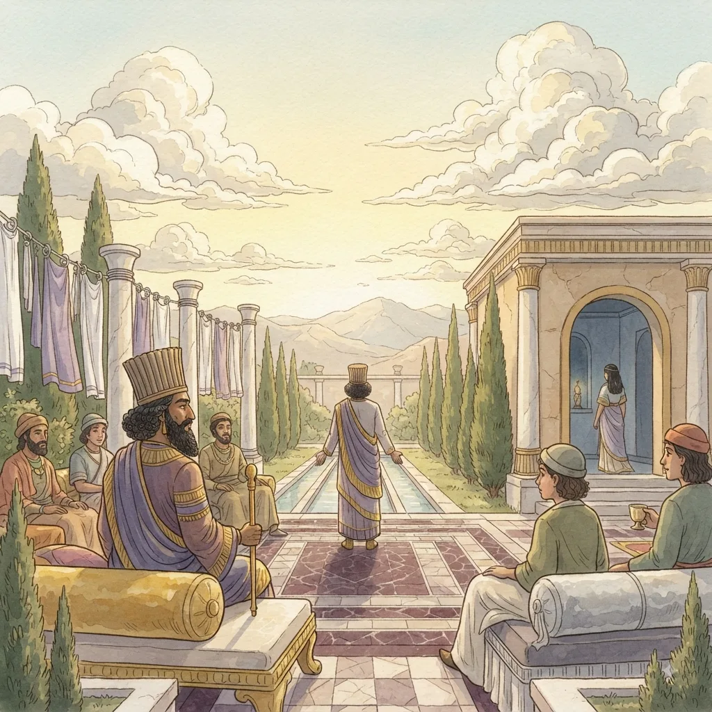 Queen Vashti Deposed: a painted scene illustrating Esther 1.
