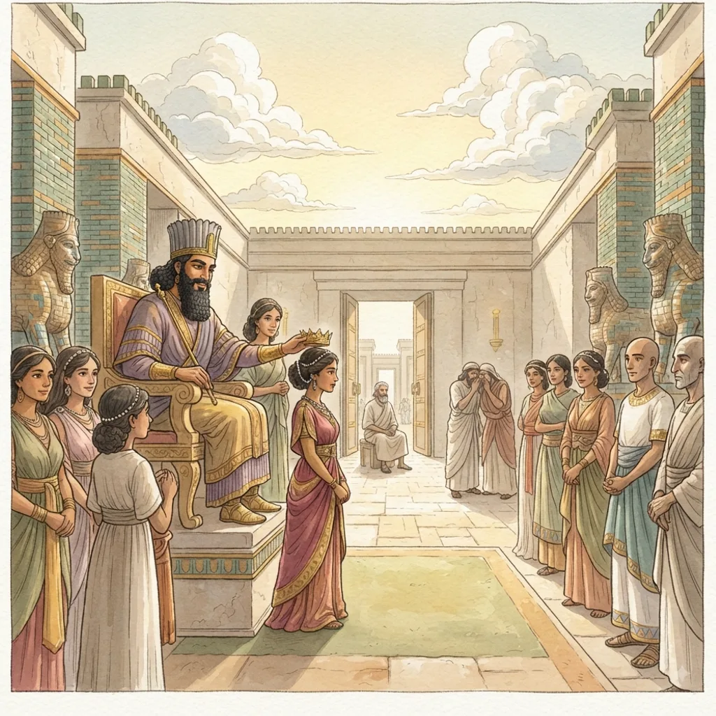 Esther Becomes Queen: a painted scene illustrating Esther 2.