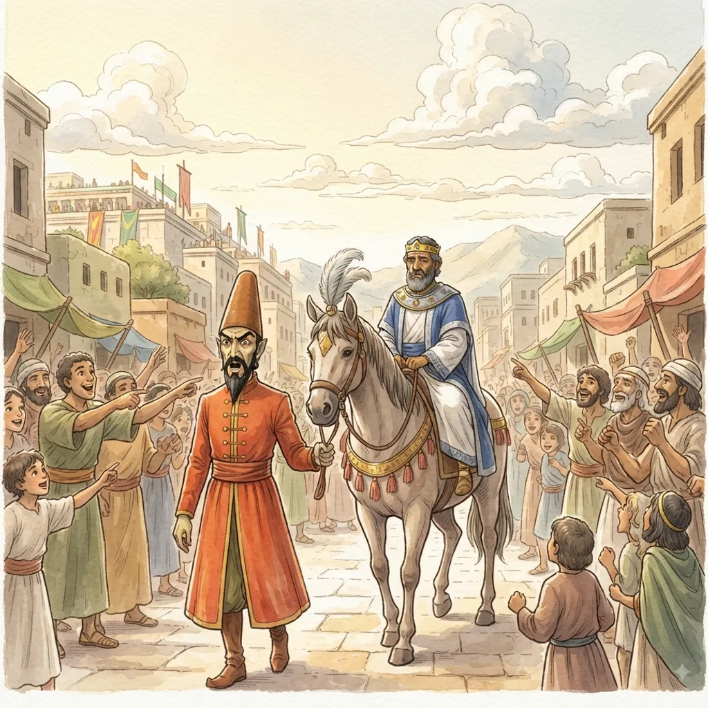 Mordecai Is Honored: a painted scene illustrating Esther 6.