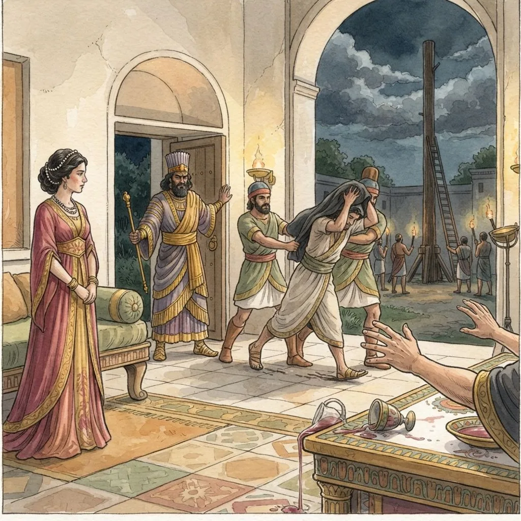 Haman Is Exposed: a painted scene illustrating Esther 7.