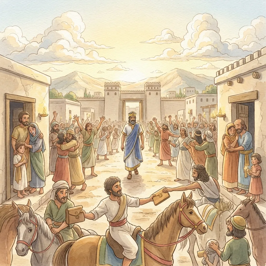 The Jews Are Given a Defense: a painted scene illustrating Esther 8.