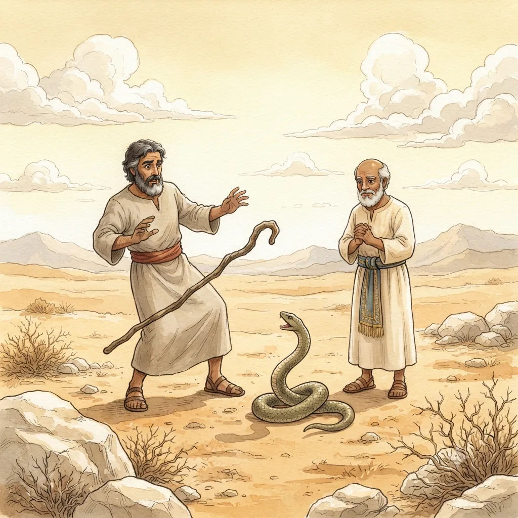Moses Returns to Egypt: a painted scene illustrating Exodus 4.