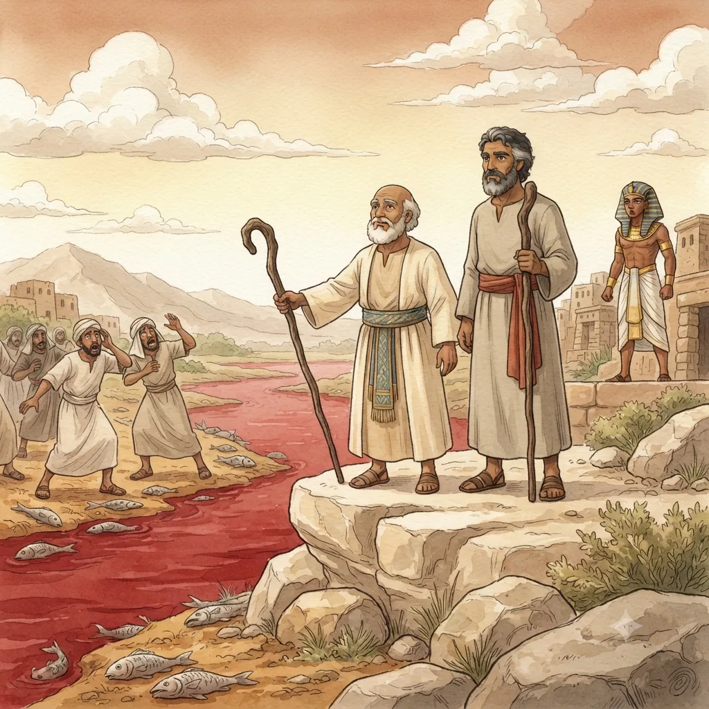 The Nile Turns to Blood: a painted scene illustrating Exodus 7.