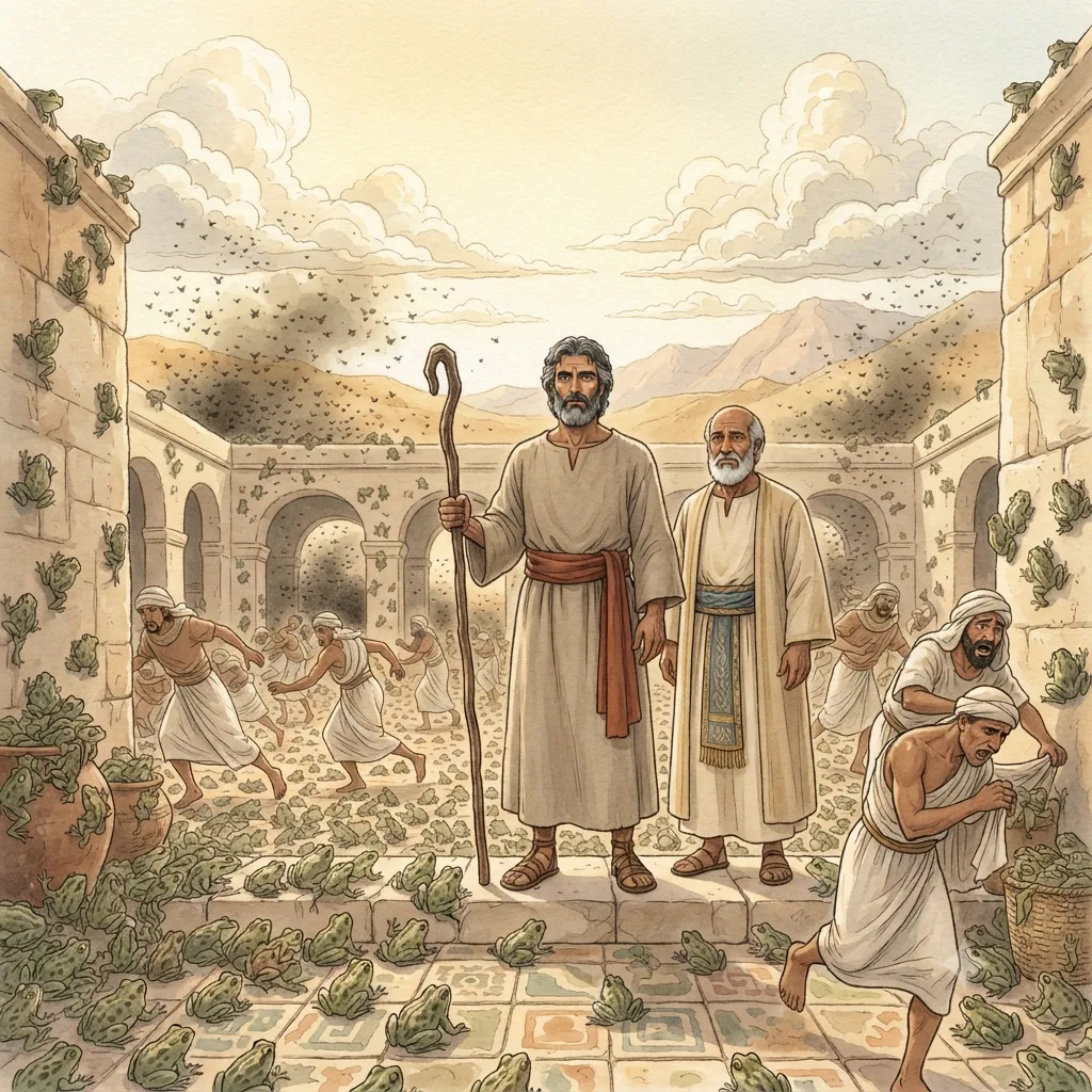 Plagues of Frogs, Gnats and Flies: a painted scene illustrating Exodus 8.
