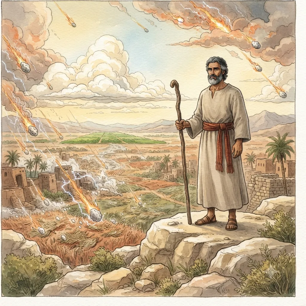 Plagues of Pestilence, Boils and Hail: a painted scene illustrating Exodus 9.
