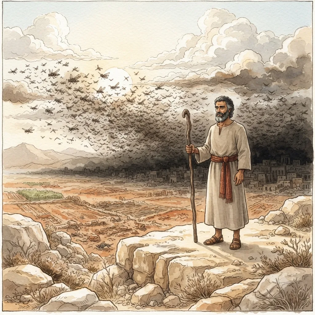 Locusts and Darkness: a painted scene illustrating Exodus 10.