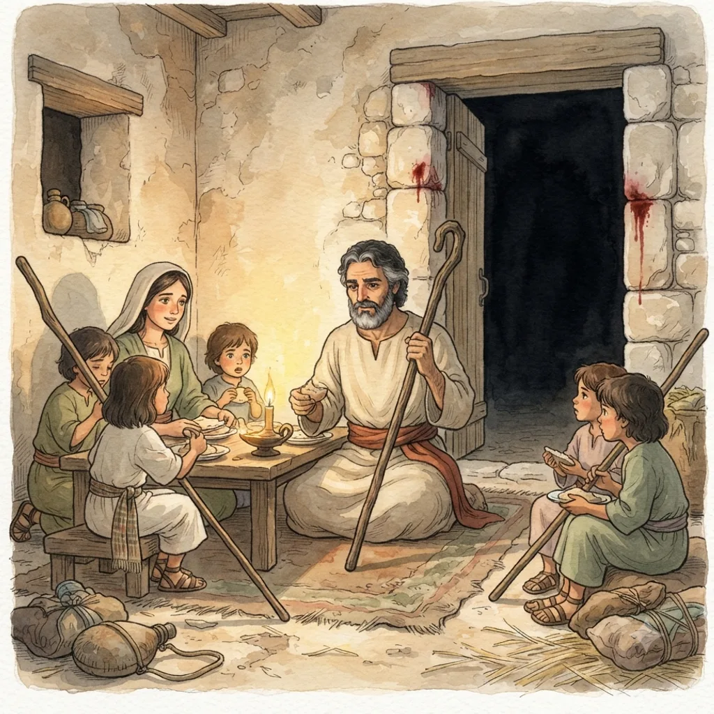 The First Passover: a painted scene illustrating Exodus 12.