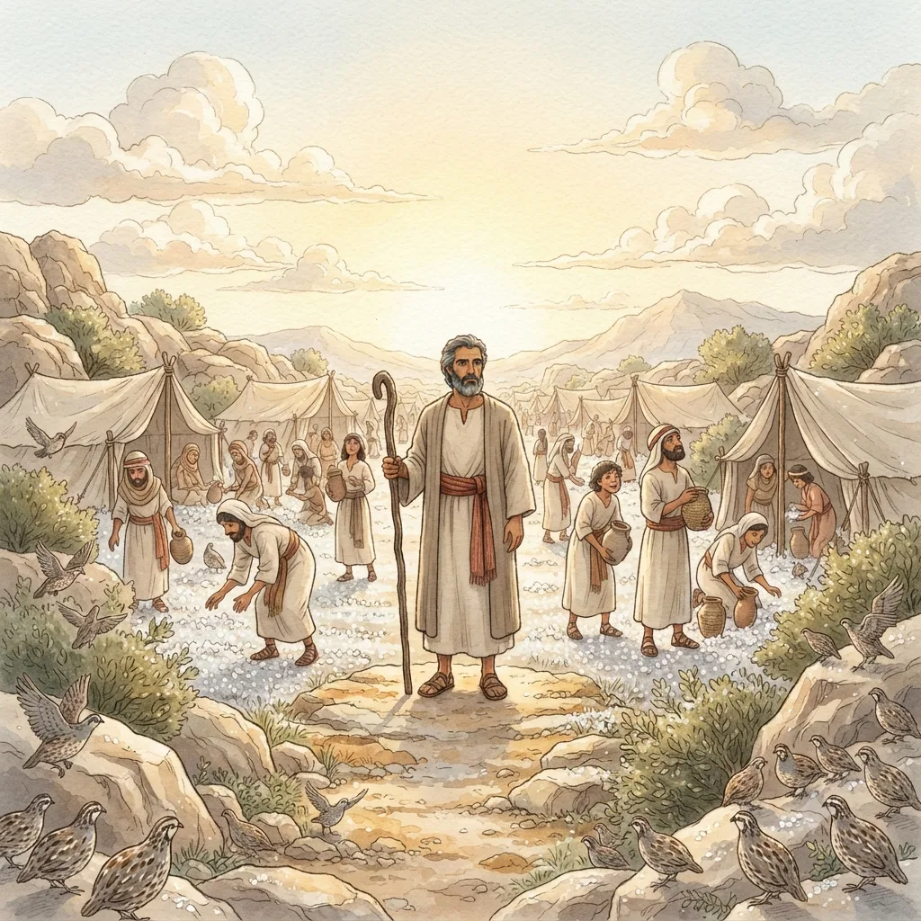 Manna from Heaven: a painted scene illustrating Exodus 16.