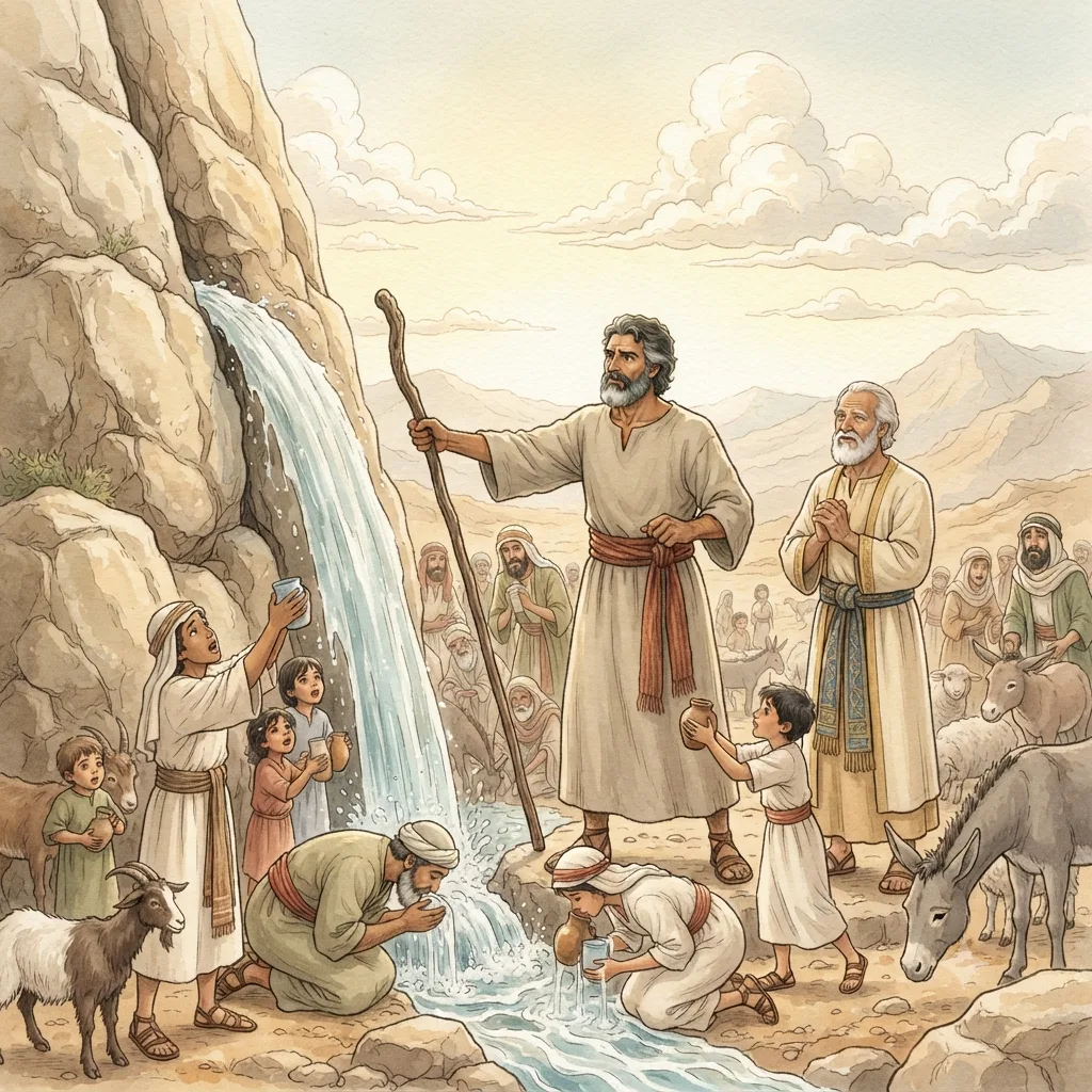 Water from the Rock: a painted scene illustrating Exodus 17.