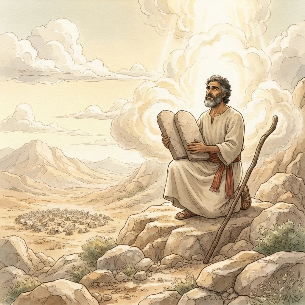 The Ten Commandments: a painted scene illustrating Exodus 20.
