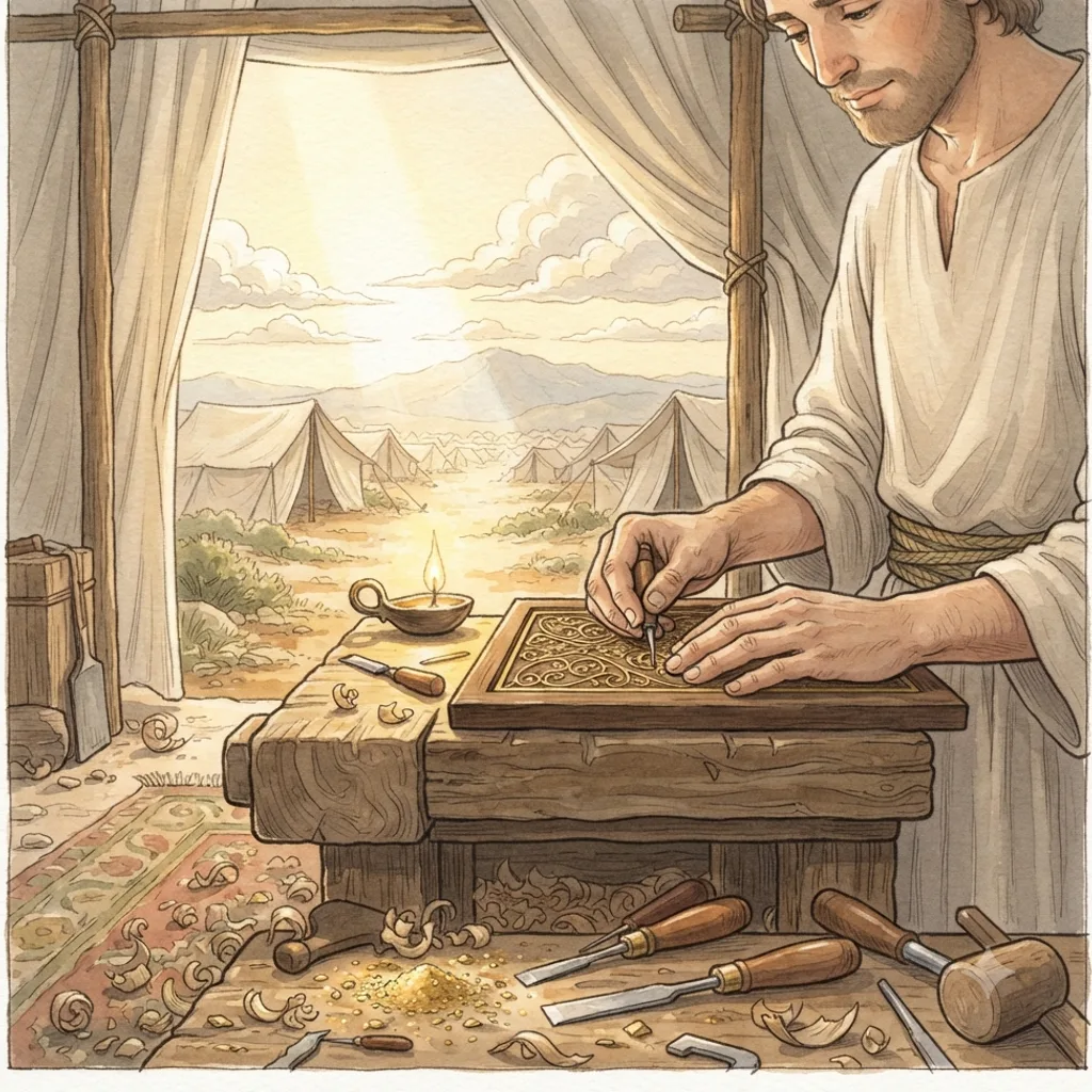 Bezalel and Oholiab: a painted scene illustrating Exodus 31.
