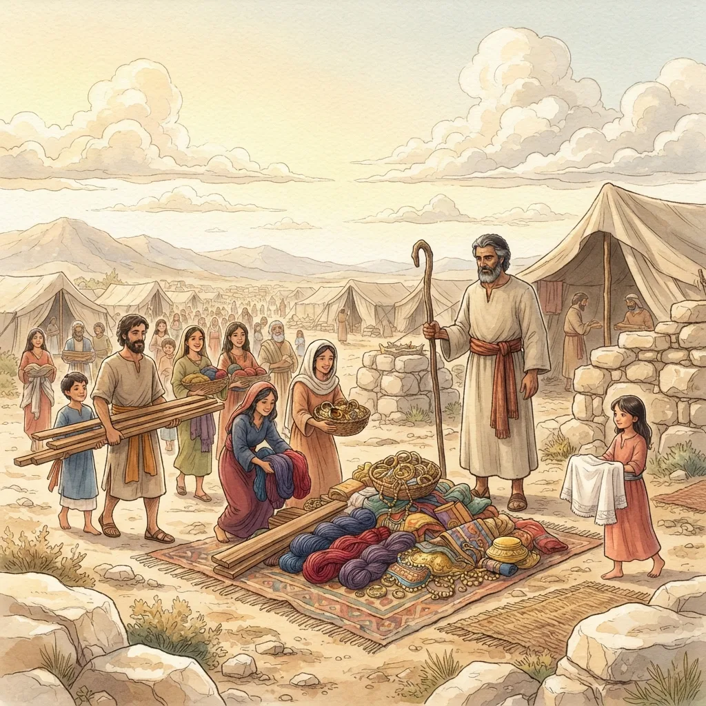 Offerings for the Tabernacle: a painted scene illustrating Exodus 35.