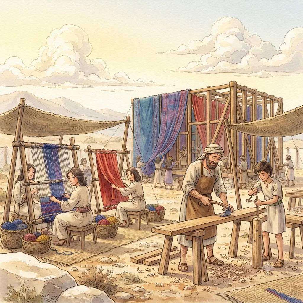 Building the Tabernacle: a painted scene illustrating Exodus 36.