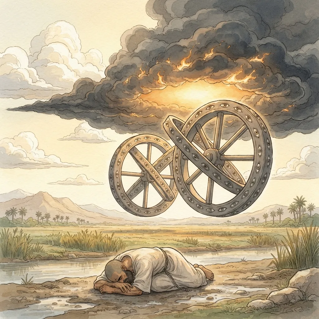 The Vision of God's Glory: a painted scene illustrating Ezekiel 1.