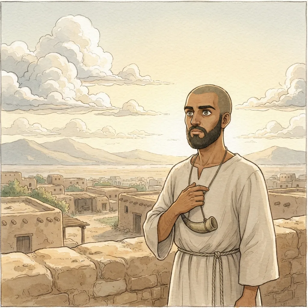 The Watchman: a painted scene illustrating Ezekiel 3.