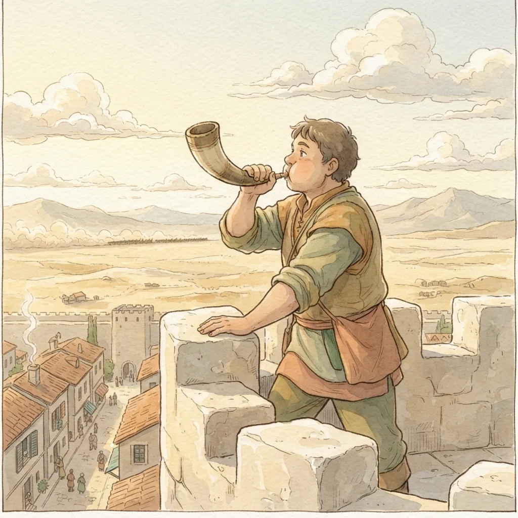 Ezekiel the Watchman: a painted scene illustrating Ezekiel 33.