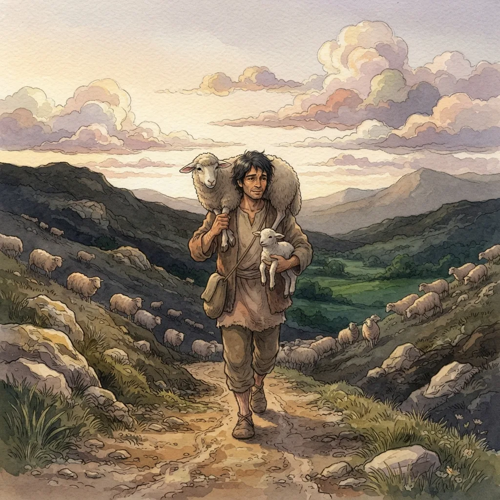 The Good Shepherd: a painted scene illustrating Ezekiel 34.