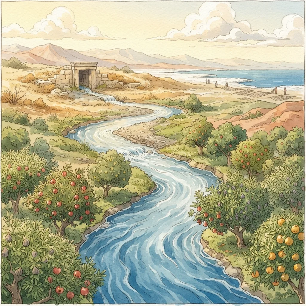 The River of Life: a painted scene illustrating Ezekiel 47.