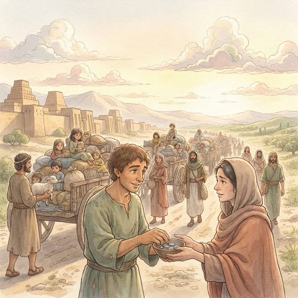 The Exiles Return: a painted scene illustrating Ezra 1.