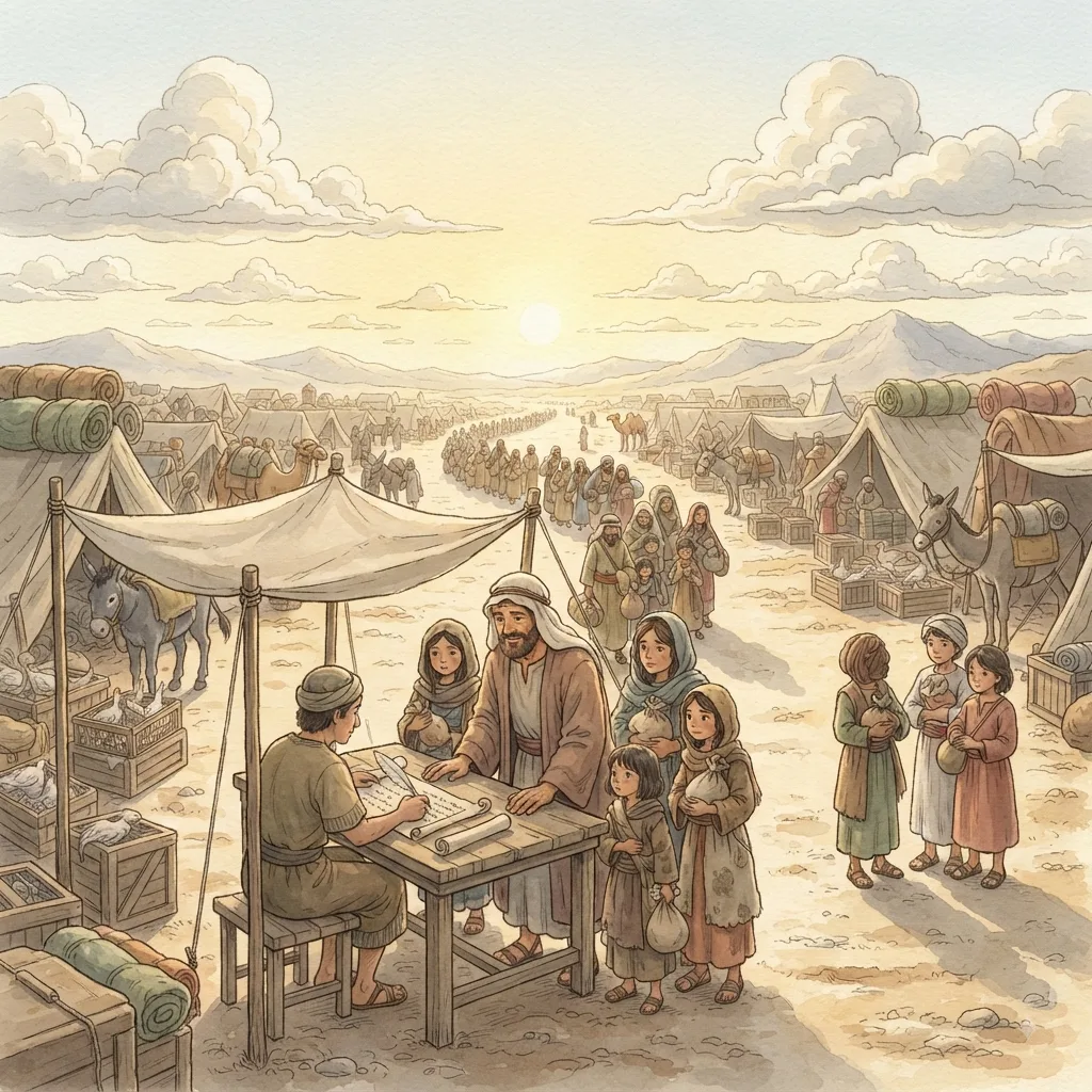 The Returning Exiles: a painted scene illustrating Ezra 2.