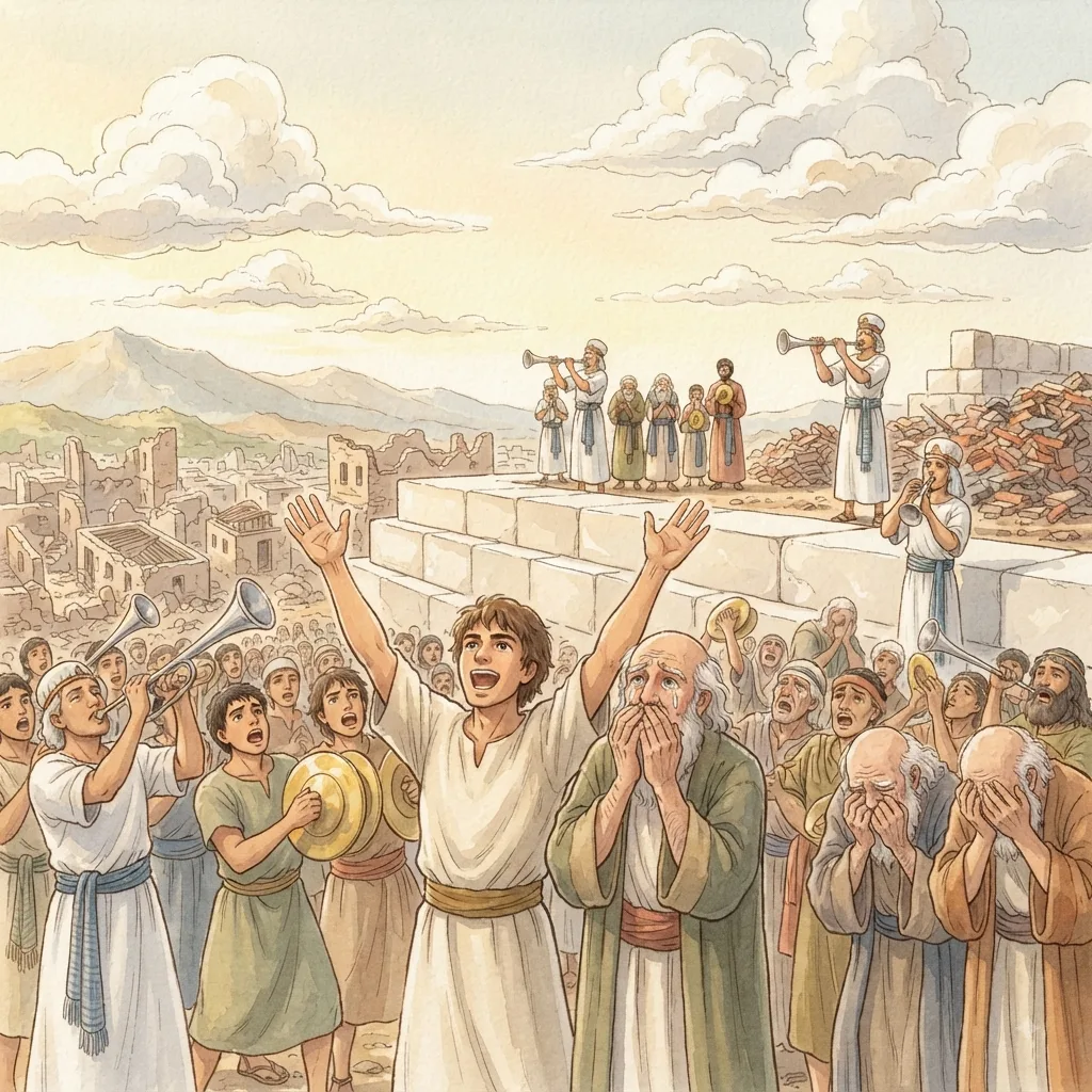 The Temple Foundation: a painted scene illustrating Ezra 3.