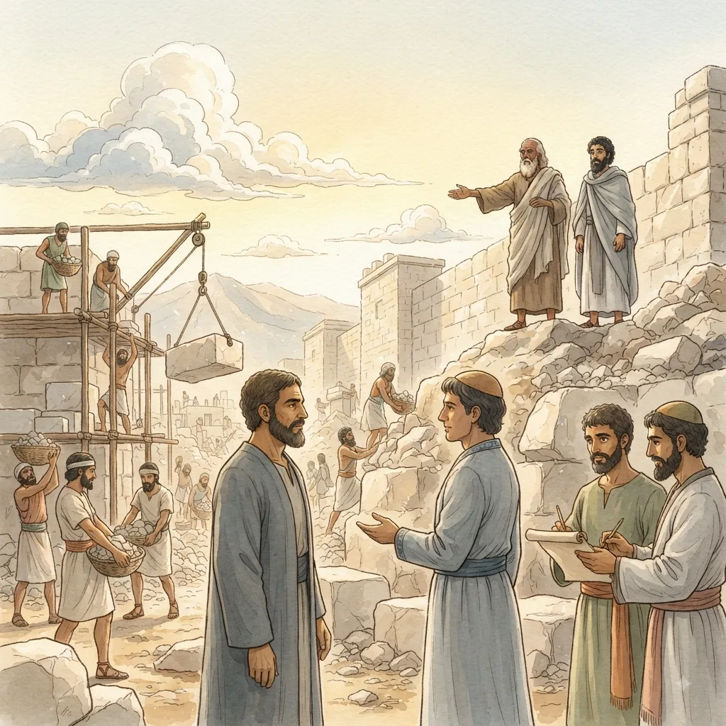 The Work Resumes: a painted scene illustrating Ezra 5.