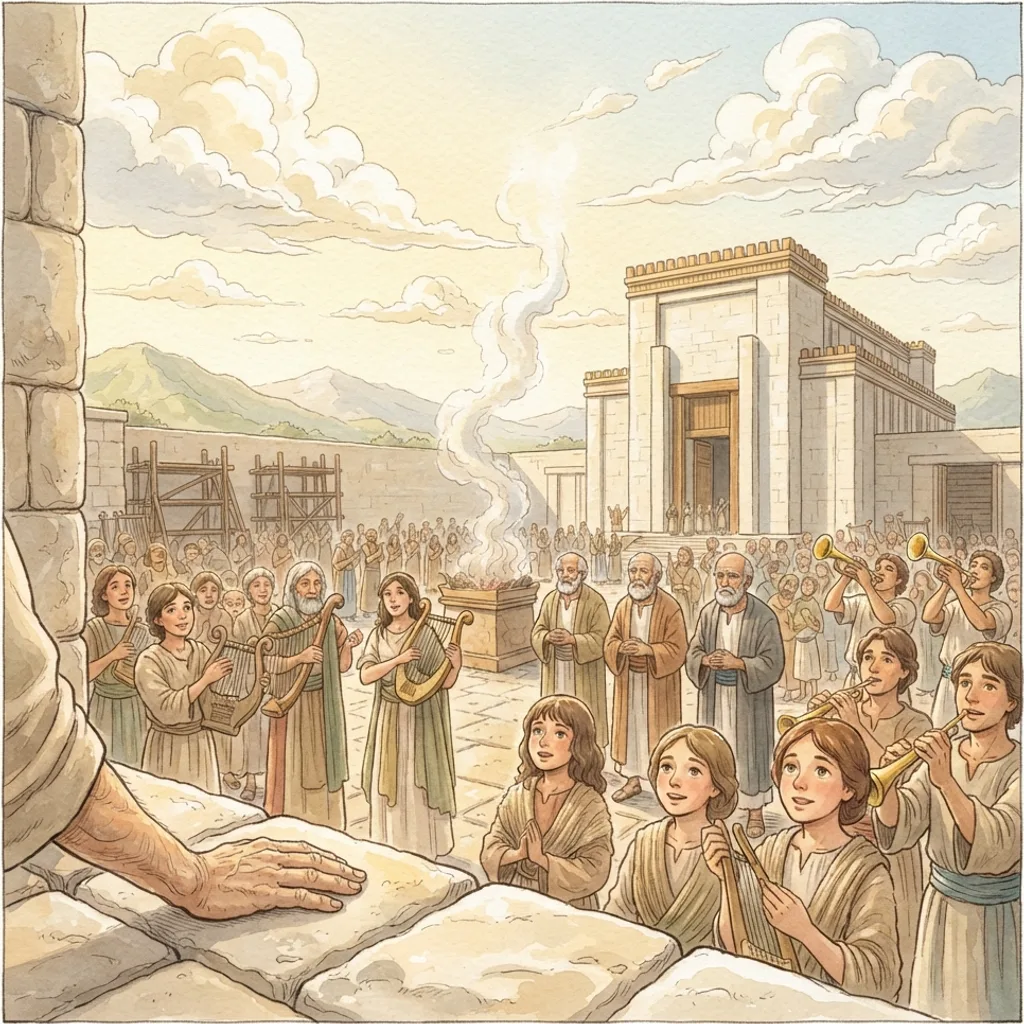The Temple Is Completed: a painted scene illustrating Ezra 6.