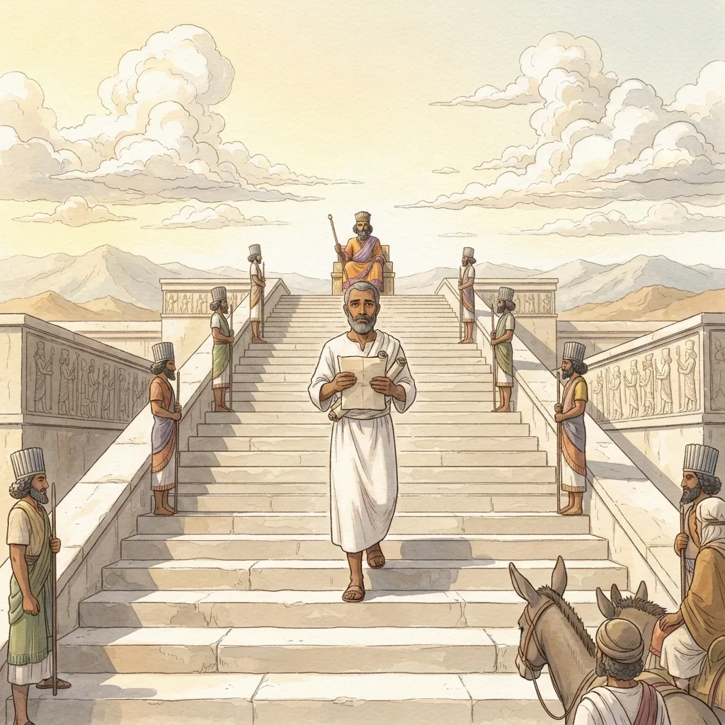 Ezra Comes to Jerusalem: a painted scene illustrating Ezra 7.