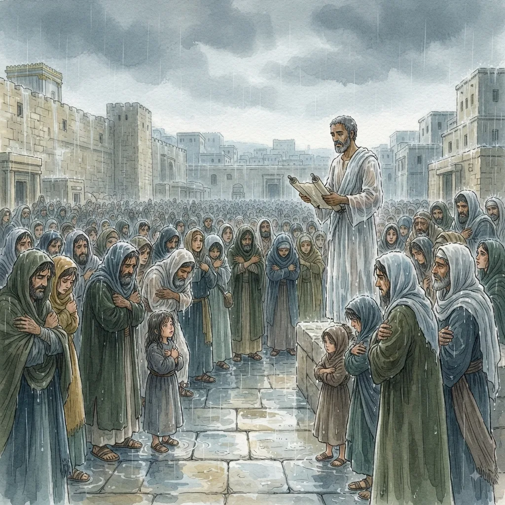 Israel Repents: a painted scene illustrating Ezra 10.