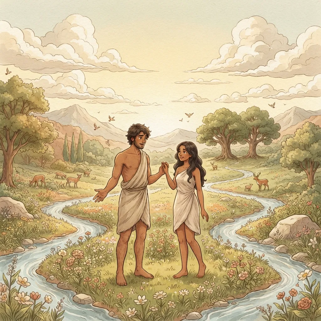 The Garden of Eden: a painted scene illustrating Genesis 2.